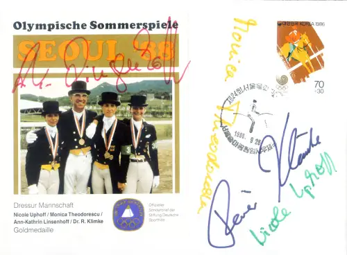 Korea. Süd. Sport. Olympiade Seoul 1988. Reiten. Autogrammumschlag der deutschen Siegermannschaft.
