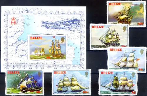 Belize. Segelschiffe 1982. Serie + Zettel.
