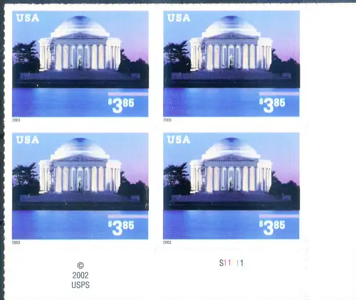 USA. 'Jefferson Memorial' 2003. Hoher Wert, für Espress. 4er Block.