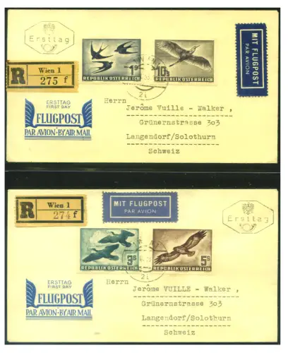 Österreich. Luftpost. Vögel im Flug 1953. Serie auf 2 FDC.