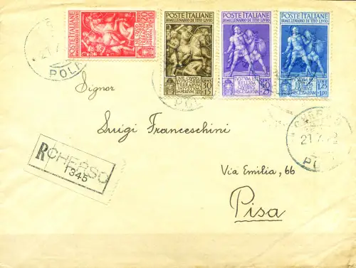 Italien Königreich. Tito Livio. Komplette Serie auf Einschreiben 21.7.1942 von Pula nach Pisa.