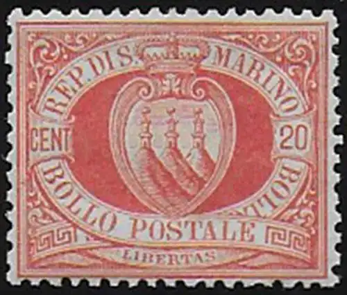 1877 San Marino stemma 20c. rosso bc MNH Sassone n. 4
