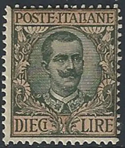 1910 Italia Lire 10 oliva rosa mc MNH Sass n. 91