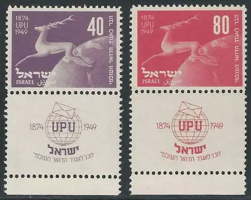 1950 Israele 75th anniversary of the UPU 2v. MNH Unificato n. 27/28