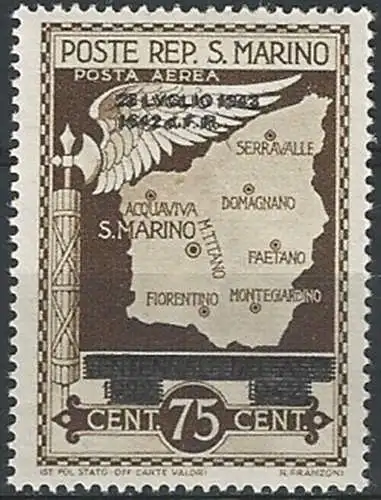 1943 San Marino caduta del fascismo 75c. varietà MNH Sass. n. A36a