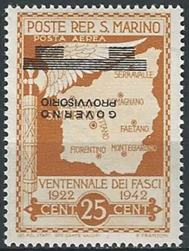 1943 San Marino governo provvisorio 25c. varietà MNH Sass. n. A42a