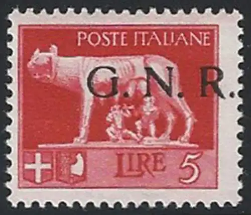 1943 Repubblica Sociale Lire 5 G.N.R. I Brescia var MNH Sassone n. 485/Ihcc