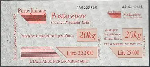 1997 Italia Postacelere L. 20.000 varietà MNH Sass. n. 3a