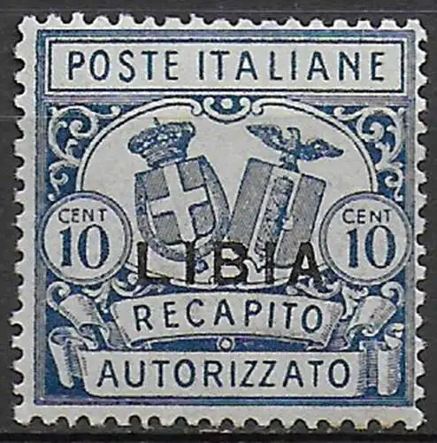 1929 Libia RA Stemmi 10c. azzurro d. 14 MNH Sassone n. 2
