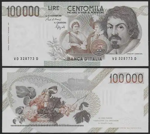 1990 Italia Lire 100.000 Caravaggio FDS Rif. BI 84D Gigante