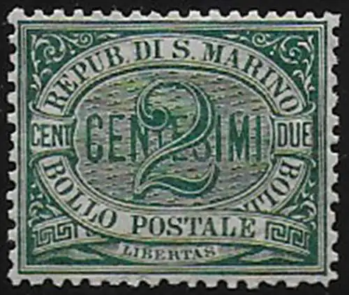 1877 San Marino Cifra 2c. verde bc MNH Sassone n. 1