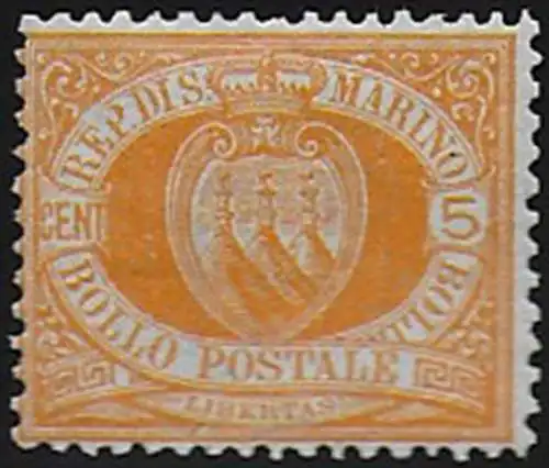 1890 San Marino stemma 5c. giallo MNH Sassone n. 2