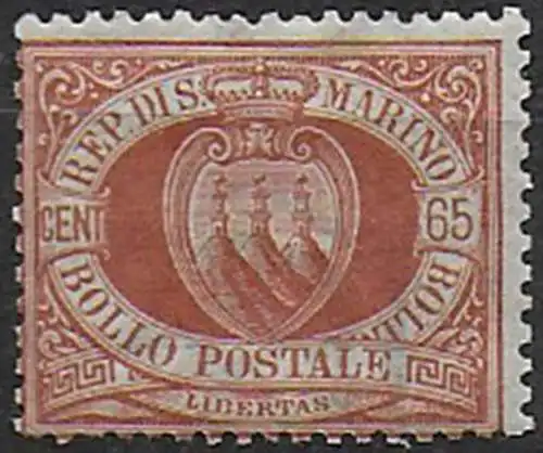 1894 San Marino stemma 65c. bruno rosso mc MNH Sassone n. 19
