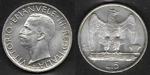 1927 Italia VE III Lire 5 Aquilotto in argento FDC