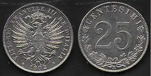 1902 Italia VE III 25c. Aquila Sabauda in nichelio qFDC