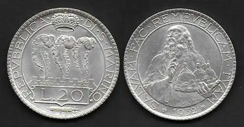1932 San Marino Lire 20 FDC tre penne argento