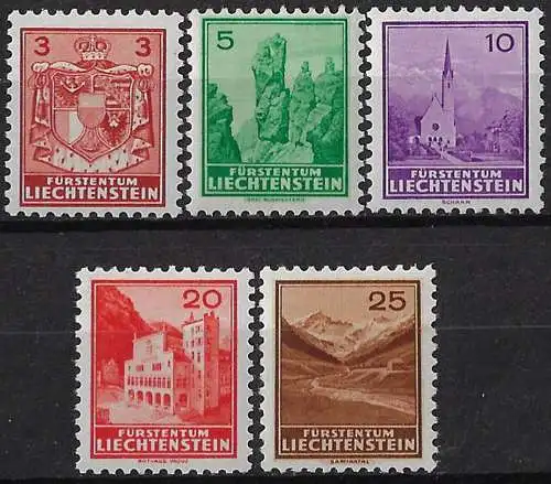 1934-35 Liechtenstein vedute 5v. MNH Unif n. 123/27