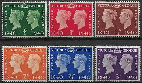 1940 Great Britain 1st Stamp Centenary 6v. MNH Unificato n. 227/32