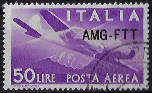 1954 Trieste A aerea Lire 50 Democratica cancelled Sassone n. 22A