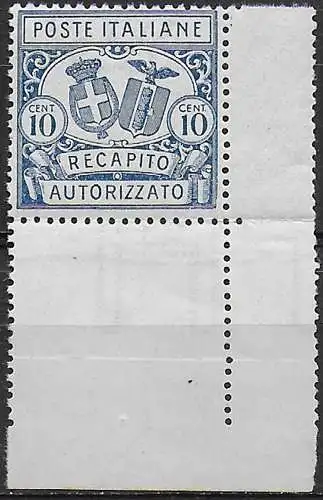 1928 Italia Recapito autorizzato 10c. azzurro afc MNH Sassone n. 2