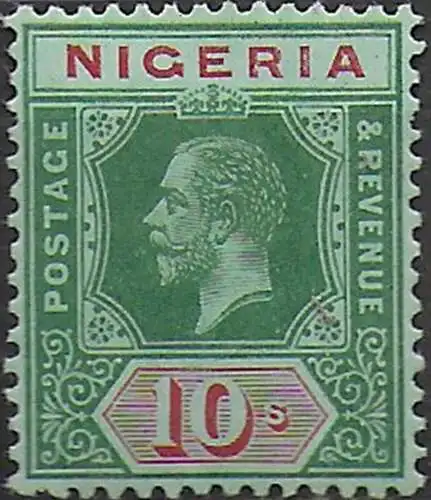 1914 Nigeria George V 10s. green and red blue green MNH SG n. 11