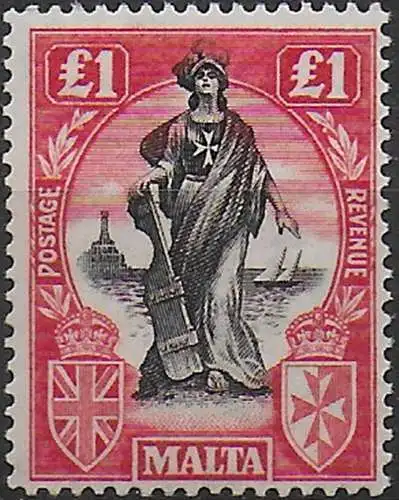 1925 Malta £1 black and bright carmin MNH SG n. 140