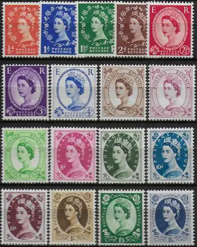 1952-54 Great Britain Elizabeth II 17v. W Tudor MNH Unificato n. 262/78