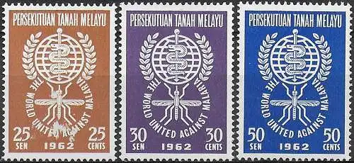 1962 Malayan Federation Malaria Eradication 3v. MNH SG n. 23/25