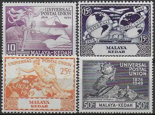 1949 Kedah UPU 75th Anniversary 4v. MNH SG n. 72/75