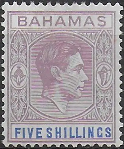 1938 Bahamas George VI 5s. thick paper MNH SG n. 156