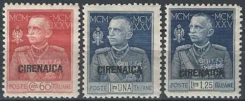 1925-26 Cirenaica Giubileo perforated 11 3v. MNH Sassone n. 23/25