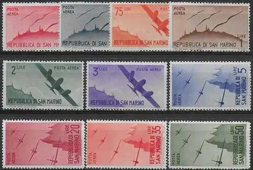 1946 San Marino airmail airplanes 10v. MNH Sassone n. 50/59