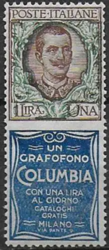 1924-25 Italia Pubblicitari Lire 1 Columbia sup MNH Sassone n. 19