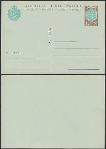 1967 San Marino cartoline postali Definitiva L. 40 celeste/bruno US Filagrano C35