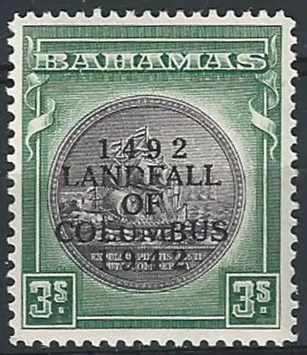 1942 Bahamas Columbus 3s. variety broken "UM" MNH