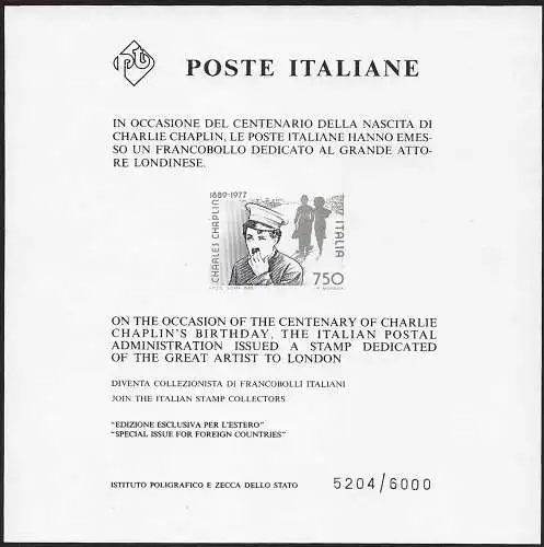 1989 Italia Charly Chaplin MS MNH Sassone n. P 2