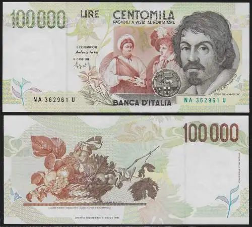 1994 Italia Lire 100.000 Caravaggio 2nd type FDS Rif. BI 85A Gigante