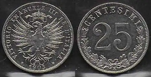 1903 Italia VE III 25c. Aquila Sabauda in nichelio qFDC