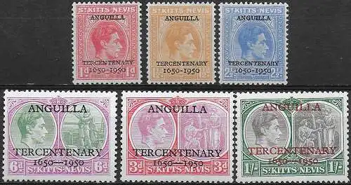 1950 St Kitts-Nevis ANGUILLA TERCENTENARY 6v. MNH SG n. 86/91