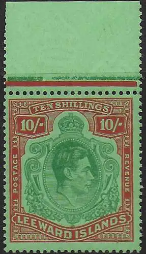 1947 Leeward Islands 10s. deep green and deep vermilion/green MNH SG n. 113c