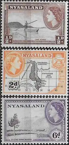 1954 Nyasaland Elizabeth II 3v. perforated 12 x 12½ MNH