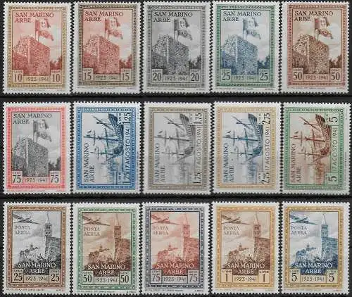 1942 San Marino Arbe 15v. MNH Sassone n. 215/24+PA