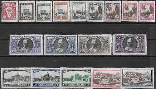 1933 Vaticano giardini e medaglioni 18v. MNH Sass. n. 19/34+E