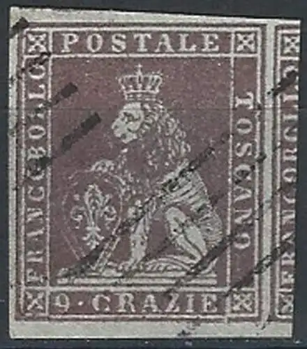 1851 Toscana 9cr. bruno violaceo su azzurro cancelled Sassone n. 8b