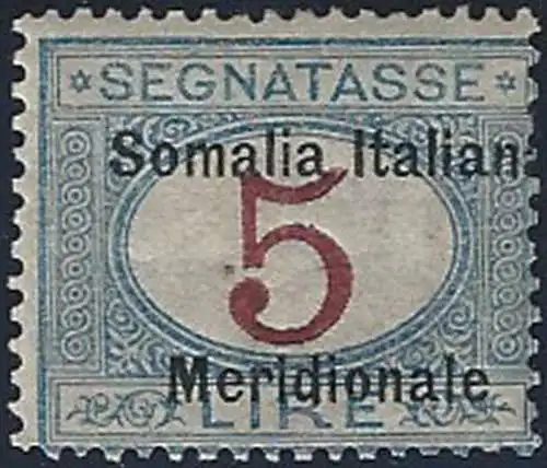 1906 Somalia segnatasse Lire 5 variety MNH Sassone n. 10b