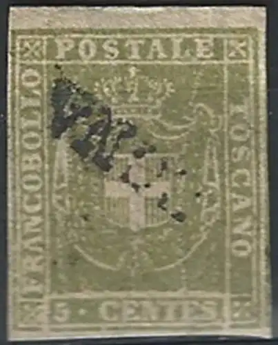 1860 Toscana 5c verde oliva giallastro cancelled Sassone n. 18b