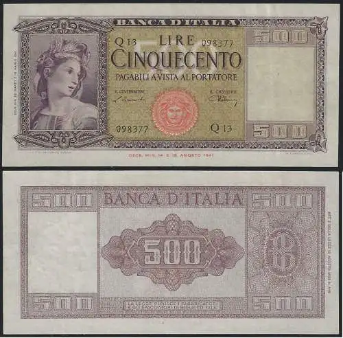 1947 Lire 500 Italia e spighe STP Rif BI 544 Alfa