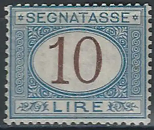 1874 Italia segnatasse Lire 10 azzurro bruno bc MNH Sassone n. 14