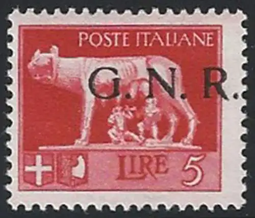 1943 Repubblica Sociale Lire 5 G.N.R. I Brescia var MNH Sassone n. 485/Ihcc