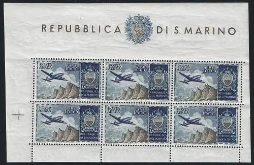 1954 San Marino Lire 1.000 Aereo II MS MNH Sassone n. 16b